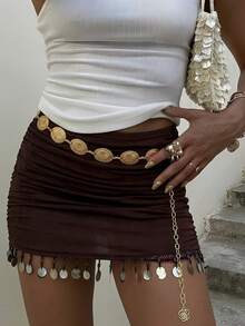 Firerie Women's Elegant Spring/Summer Boho Romantic Beach Vacation Ruched Tight Seashell Tassel Hem Mini Skirt Women Skirts Womens Summer Resort Beach Skirt - Brown - View 5