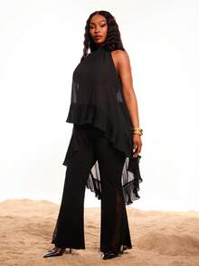 Radiana Plus Size Women's Black Summer Elegant Night Out Club Cocktail Chiffon Pleats Asymmetric Halter Blouse, Sheer Long Asymmetrical Top For Business Office - White - View 3