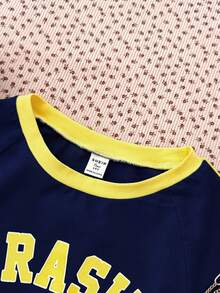 Teen Girls Green & Yellow Contrasting Colors Knit Summer Short Sleeve Casual Versatile Personalized T-Shirt With Letter Print And Round Neckline, Back To School - Navy Blue - View 6