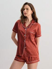 Hourtrue 条纹纽扣前缎睡衣套装 - 亮橙色 - 查看 5