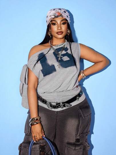 Maweii Retro American Off-Shoulder Sexy Graphic Print Loose Fit Plus Size Short Sleeve T-Shirt