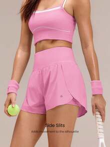 GLOWMODE 3" VitalSwift Quick-Dry High Slit Adjustable Drawstring Waist Shorts With Built-In Shorts Side Pockets Non-Slip Grips Running Gym Workout - Pink - View 5