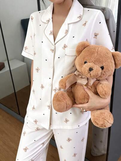 Napfluff Conjunto de pijama de manga corta con cuello de oso de dibujos animados con burbujas y arrugas