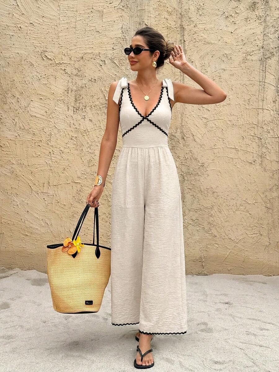SHEIN Frenchy Women's Black And White Striped Contrast Color Trim Linen Sleeveless Jumpsuit,Summer Casual Wide-Leg Pants For Holiday,Vacation Resort Wear,Boho - Apricot - View 1