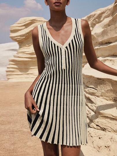 Maija 女士条纹纽扣设计无袖休闲针织连衣裙