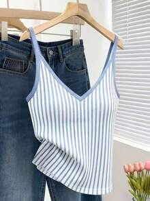 Resyla 女士时尚内衣风上衣，春夏条纹印花修身吊带背心 - 彩色 - 查看 3