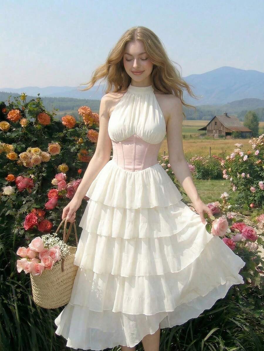 SHEIN MOD 女士优雅收腰露背杏色层叠荷叶边连衣裙，夏季