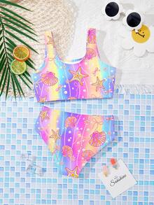 SHEIN 渐变色多巴胺彩虹贝壳、海星、海洋珍珠、蝴蝶结装饰少女休闲简约吊带背心和三角比基尼泳装套装，适合夏季、海岛度假、海滩、泳池、温泉等场合，营造轻松的度假氛围。 - 彩色 - 查看 2