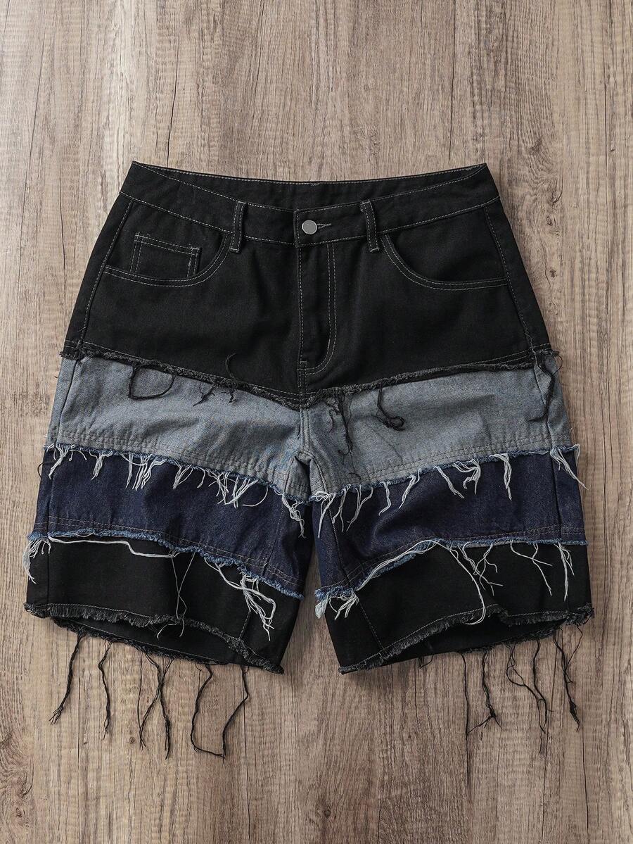Manfinity Joysei Unisex American Style Distressed Hem Denim Shorts Men Denim Patch Shorts - Multicolor - View 1