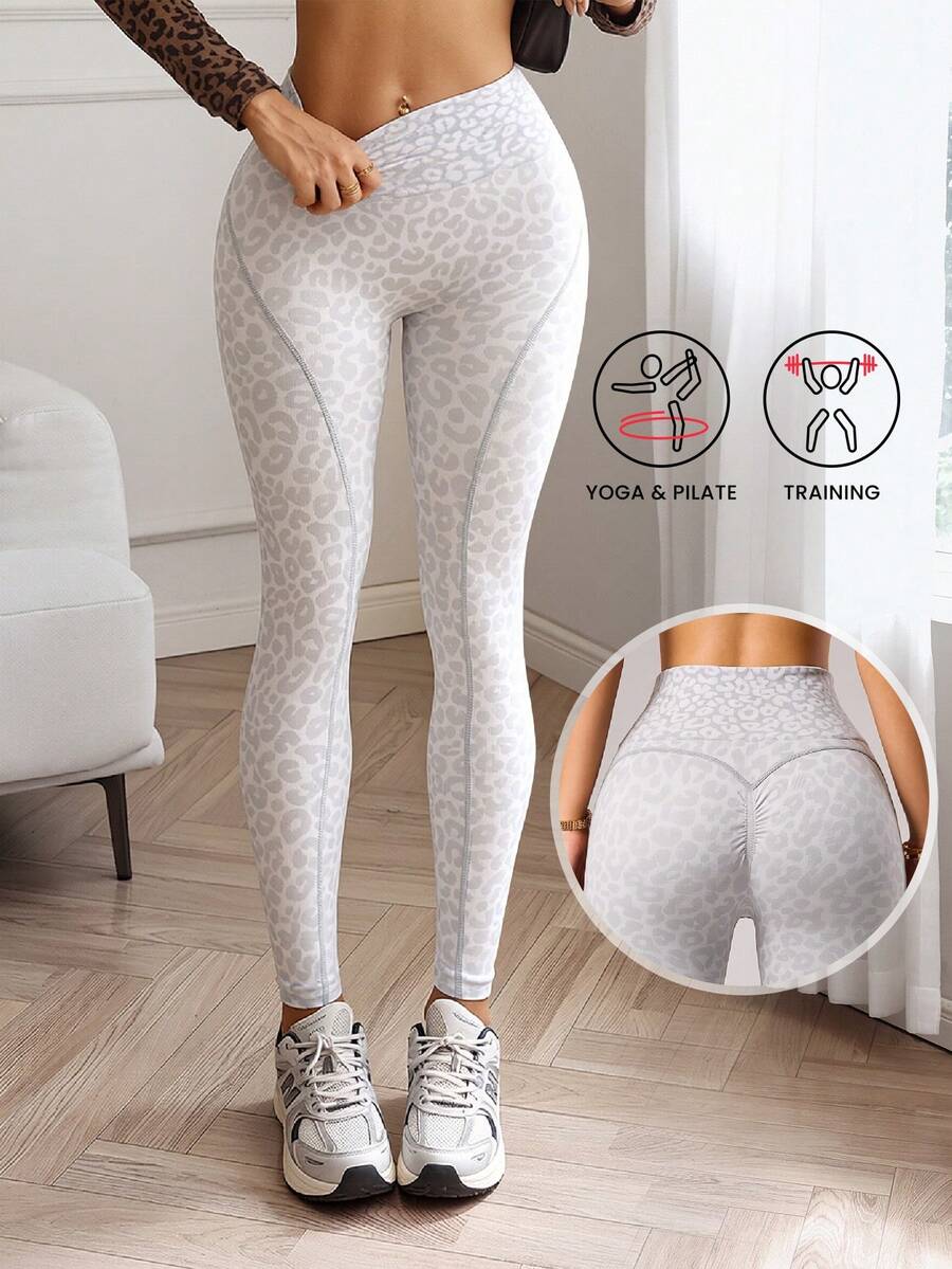 SHEIN Dewbera 1件装女士无缝性感豹纹修身跑步健身瑜伽运动七分紧身裤 - 白色 - 查看 1