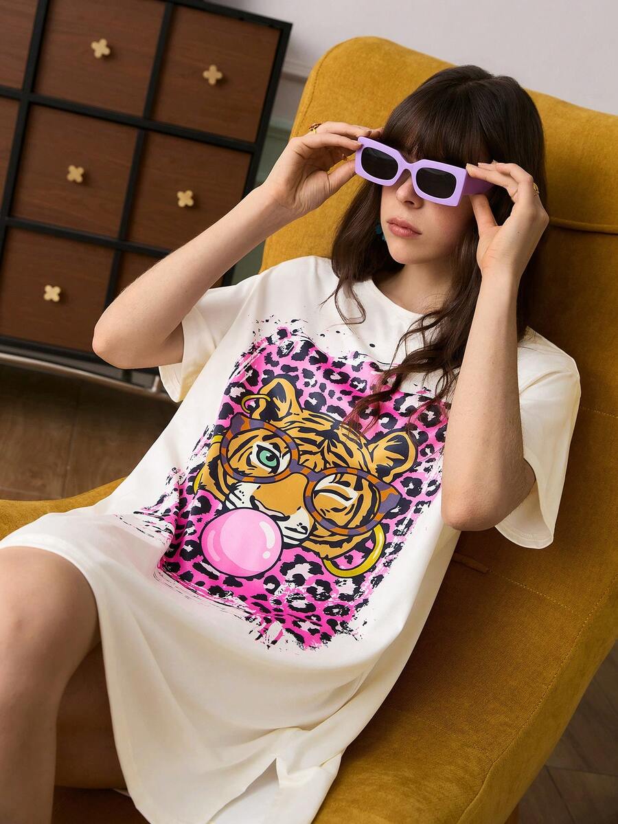 Chillnights 女士虎豹纹圆领短袖睡裙 - 白色 - 查看 1
