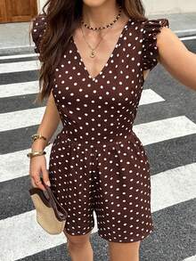 Serisse Women's Polka Dot Print Tie Front Backless Romper - Brown - View 2