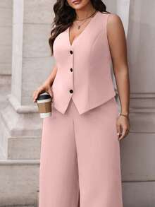 Flirla Plus Size 2 Pieces Suit Set: Vest & Pants Graduation,Back To School,Teacher Outfits For Women Winter Fall Autumn - Pink - View 4