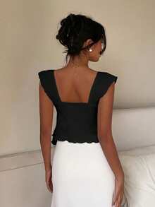 CovetEZ Sweetheart Neck Ruffle Hem T-Shirt,Summer Top - Black - View 5