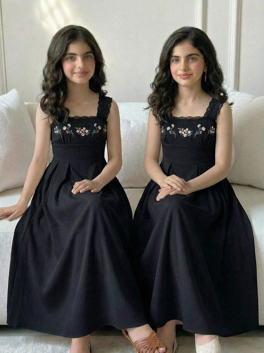 SHEIN Gaun Maxi Bordir Bunga Musim Panas untuk Anak Perempuan Remaja, Gaun Bordir Hitam untuk Anak-Anak - Hitam - View 1