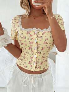 SHEIN Áo thun ngắn tay dáng ôm, cổ vuông, ren hoa, cài khuy, chất liệu vải cotton, họa tiết ngộ nghĩnh dành cho nữ. - Màu vàng - Xem 6