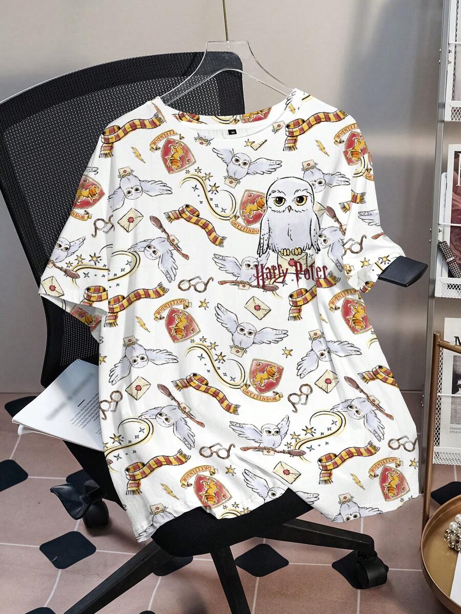 HARRY POTTER X SHEIN Plus Size Women Cartoon Print Casual Versatile Daily Wear Short Sleeve T-Shirt - White - View 1