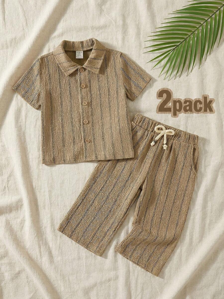 SHEIN 男婴条纹单排扣短袖衬衫和抽绳腰休闲裤套装 - 卡其色 - 查看 1