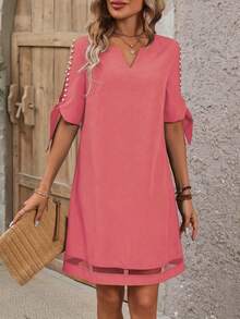 SHEIN Clasi Elegant Solid Color Hollow-Out Short Sleeve Beaded Decor Summer Dress - Coral Pink - View 3