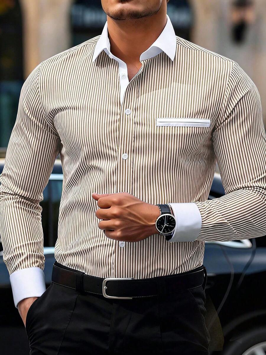 Calvornis Men's Casual Everyday & Workwear Colorblock Striped Print Long Sleeve Shirt, Spring & Autumn - Multicolor - View 1