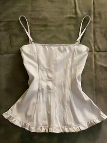SHEIN Women's Brown Striped Ruffle Casual French Versatile Daily Wear Camisole Top Picnic Summer - Apricot - View 2