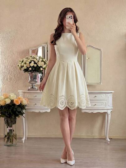 Modelyn Đầm chữ A không tay màu mơ dành cho nữ, xếp ly ở eo, họa tiết hoa trang nhã, thích hợp cho mùa xuân và mùa hè.
