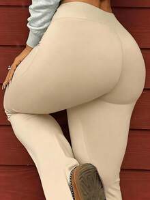 SHEIN Women's Solid Color Casual Versatile Daily Wear Flare Pants - Apricot - View 2