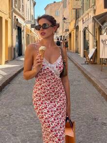 Serisse Vestido de tirantes finos de longitud media con estampado floral y encaje de contraste, ideal para vacaciones de verano en la playa - Rosa - Ver 3