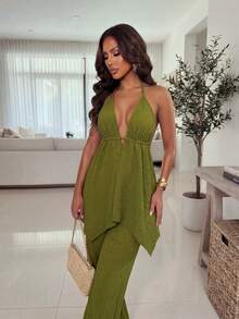 Xyvia Conjunto de dos piezas de primavera/verano nuevo con top bralette de hombros descubiertos con textura elástica en verde oliva elegante y sexy con diseño de bajo asimétrico + pantalones de pierna ancha para vacaciones en la playa. Conjunto de dos piezas de punto para uso festivo (Navidad, Día del Maestro, Carnaval, Pascua, Día de San Valentín, Mes del Orgullo) con estilo de resort, estilo de cóctel ligero, equilibrando la sensualidad con la practicidad diaria. - Verde - Ver 3