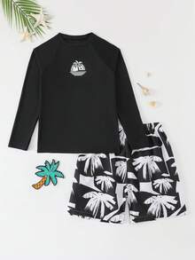 SHEIN 两件套青少年男童泳装，黑色长袖防晒衣，简约日落棕榈树印花，撞色印花泳裤，时尚休闲，适合游泳、夏季度假、海滩、泳池派对 - 黑與白 - 查看 3