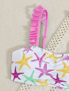 SHEIN Tween Girl White Ruffled Swimwear Set,Cute Starfish Design 3 Pieces Bikini,Holiday Summer Resort Style Bathing Suit For Girls Pool Party Swimwear - Pink - View 4