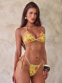 Aloruh 女士春夏新款花卉印花串珠刺绣面料奢华派对礼服，饰有串珠流苏，适合音乐节、海滩度假等场合。 - 黃色 - 查看 6