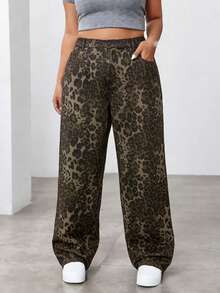 SHEIN ICON Plus Size Women Loose Fit Leopard Print Wide Leg Casual Jeans Brown Spring - Brown - View 1