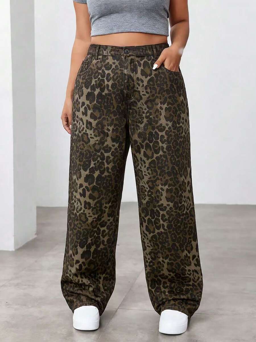 SHEIN ICON Plus Size Women Loose Fit Leopard Print Wide Leg Casual Jeans Brown Spring - Brown - View 1