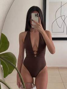 SHEIN Luminelle Women's Solid Color One-Piece Swimsuit, Flattering High Cut, Sexy Beach Vacation Wear, Halter Neck Swimsuit, Brown Swimsuit - Coffee Brown - View 3