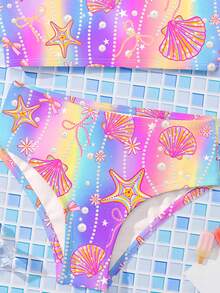 Bộ đồ bơi tankini tối giản, phong cách thường ngày, nhiều màu sắc, in hình cầu vồng, đại dương, sao biển, vỏ sò và ngọc trai, thích hợp cho mùa hè. - Nhiều màu - Xem 5