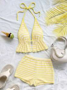 Conjunto de 2 piezas de top halter sin espalda y shorts a rayas para vacaciones casual de mujer - Amarillo claro 2 - Ver 4