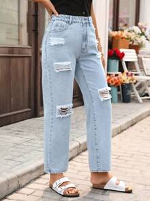 SHEIN LUNE Women's Casual Sexy Washed Distressed Straight Leg Jeans, Summer, Jeans For Women Swimming Pastal - Light Wash - View 4