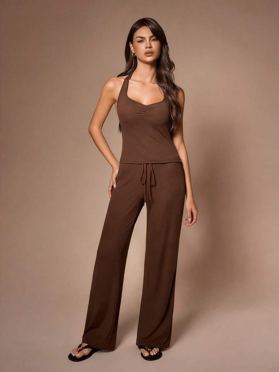 Lazeform Women's Casual Keyhole Neck Halter Backless Top And Straight Leg Pants Two Pieces Loungewear Set - Coffee Brown - View 1
