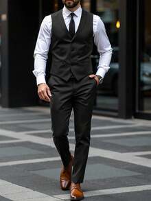 Manfinity Mode Men's Single-Breasted Casual Sleeveless Suit Vest And Suit Pants Set - Black - View 1