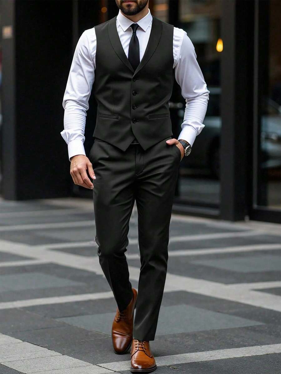 Manfinity Mode Men's Single-Breasted Casual Sleeveless Suit Vest And Suit Pants Set - Black - View 1