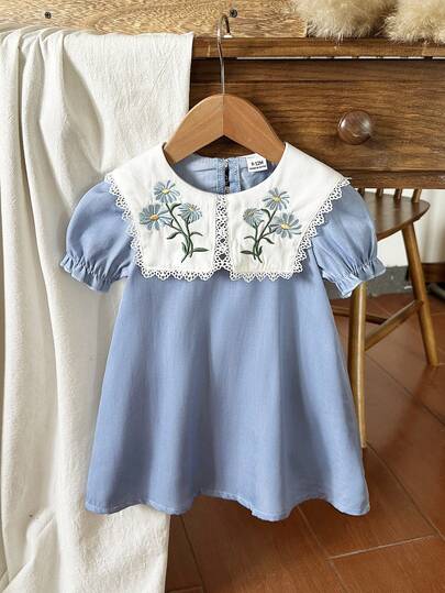 Souflis Souflis 1件女婴舒适休闲纹理面料常规厚度领口可爱花卉刺绣A字基本款短袖连衣裙，适合春夏日常穿着，居家、户外、旅行、上学等场合。