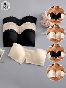 SHEIN Set de 4 sujetadores de mujer con cierre delantero, con volantes y acolchados, de estilo push-up y de colores variados - Multicolor - View 2