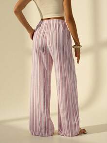 SHEIN Tall 女士假日休闲条纹阔腿裤 粉色条纹裤 - 彩色 - 查看 2