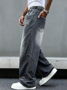 Manfinity EMRG Plus Size Men's Fashionable Cat Whisker Pleated Pocket Denim Jeans - Grey - View 4