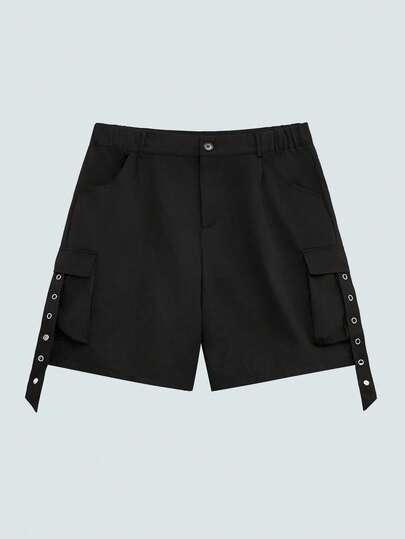 Modcrash 男士黑色工装短裤，带扣腰带装饰，多口袋哥特街头风休闲短裤，复古美式，男女皆宜，宽松版型夏季服装——适合日常穿着和夏季度假穿着。