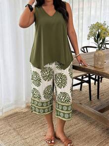 Weeklong Plus Size Women Spring/Summer Casual Vacation Solid Color Asymmetric Hem Tank Top And All-Over Print Pants Set - Multicolor - View 5