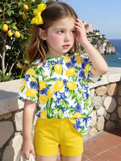 两件套女童夏季套装，清新简约设计，柠檬叶印花圆领T恤搭配黄色短裤，色彩明亮，宽松舒适，休闲百搭，适合夏季户外、旅行和度假穿着。