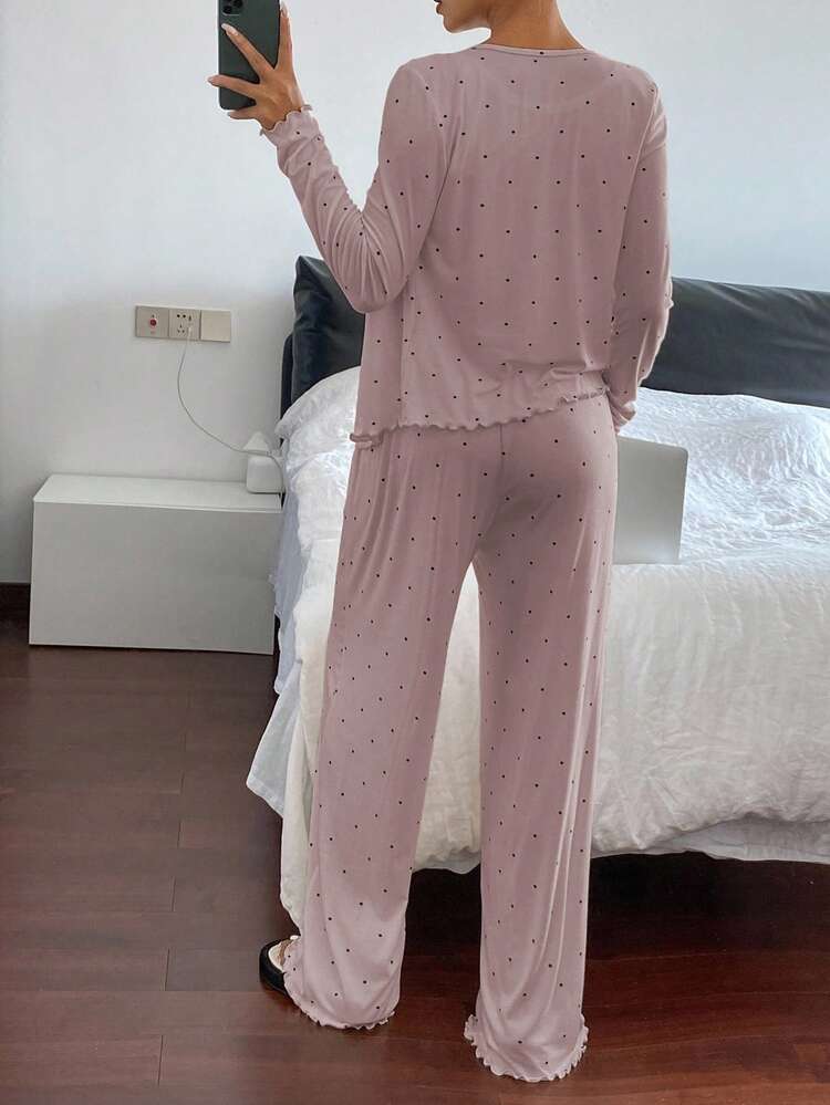 2pcs Women's Polka Dot Print Cardigan Long Sleeve Top And Loose Straight Leg Long Pants Pajama Set, Spring
