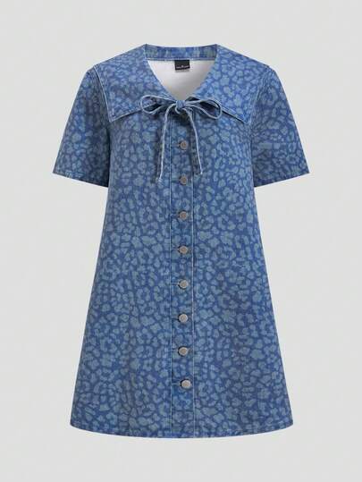 SHEIN MOD Women's Leopard Print Button Tie Waist Short Sleeve Denim Dress, Suitable For Dates, Everyday Wear, And Outdoor Activities